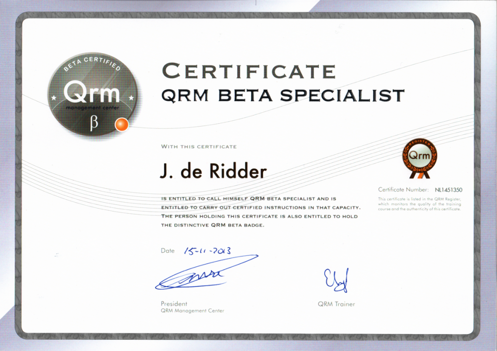 Certificaat QRM Bèta® Specialist 